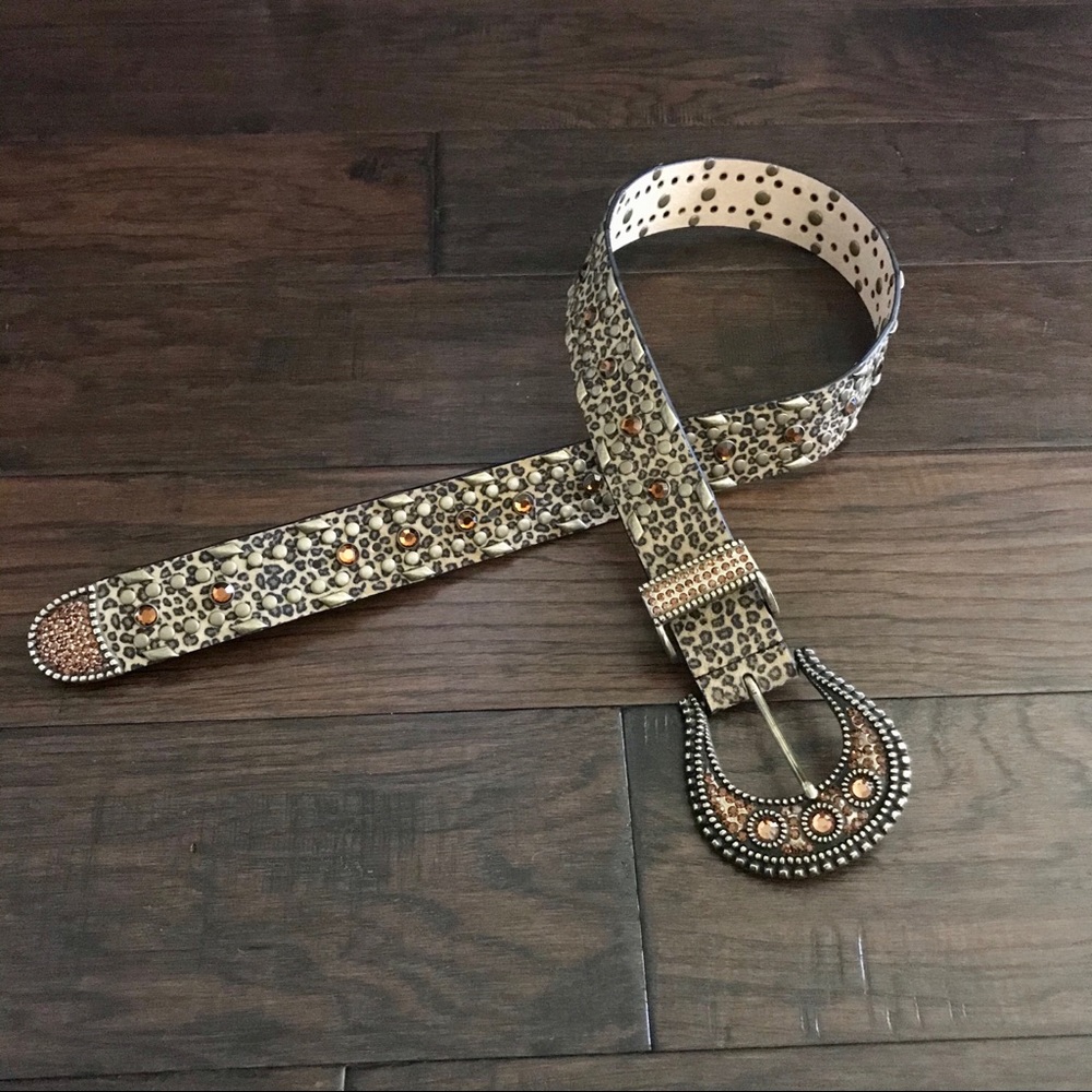 Vintage Western Leopard Print Bling Leather Belt